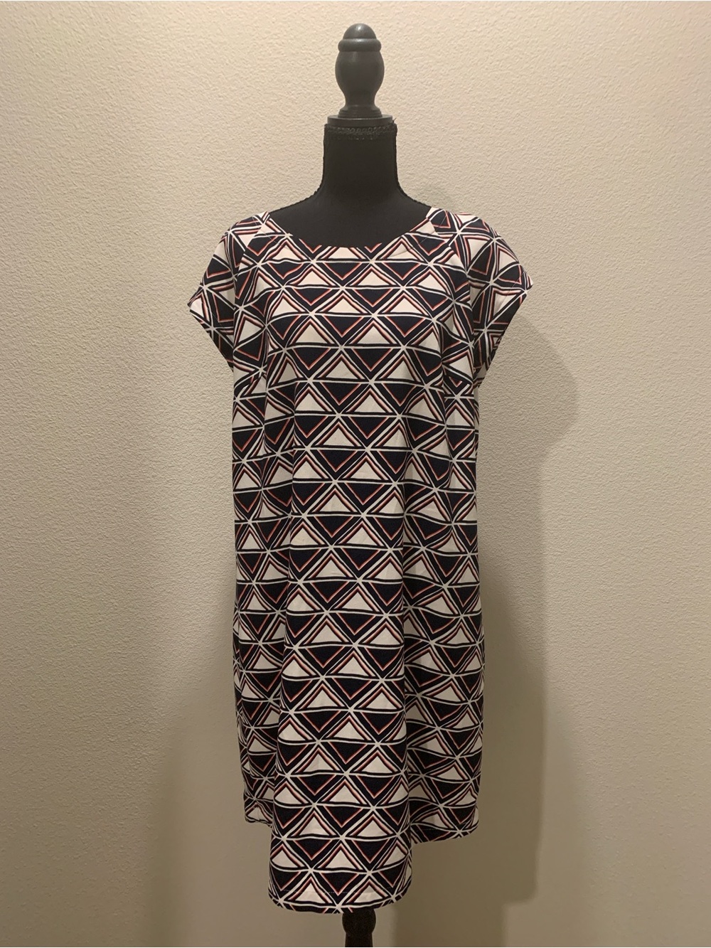 Merona Navy, White & Pink Geometric Shift Dress (Size L)